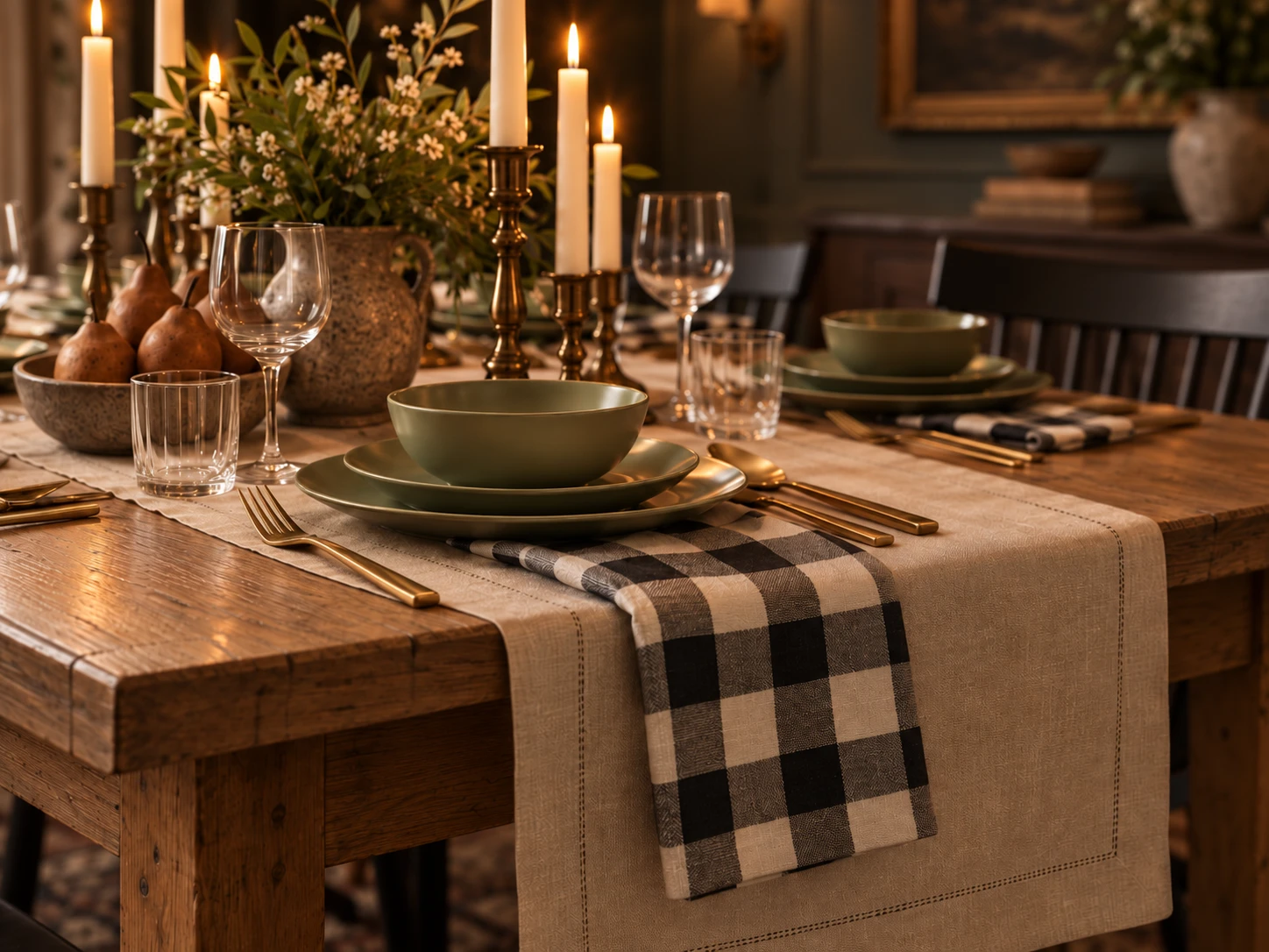 Close view of sage-green dinnerware on a checked napkin and linen runner, with brass-toned candlesticks on a rustic wood dining table. AI-generated editorial visualization; not exact retailer product photography.