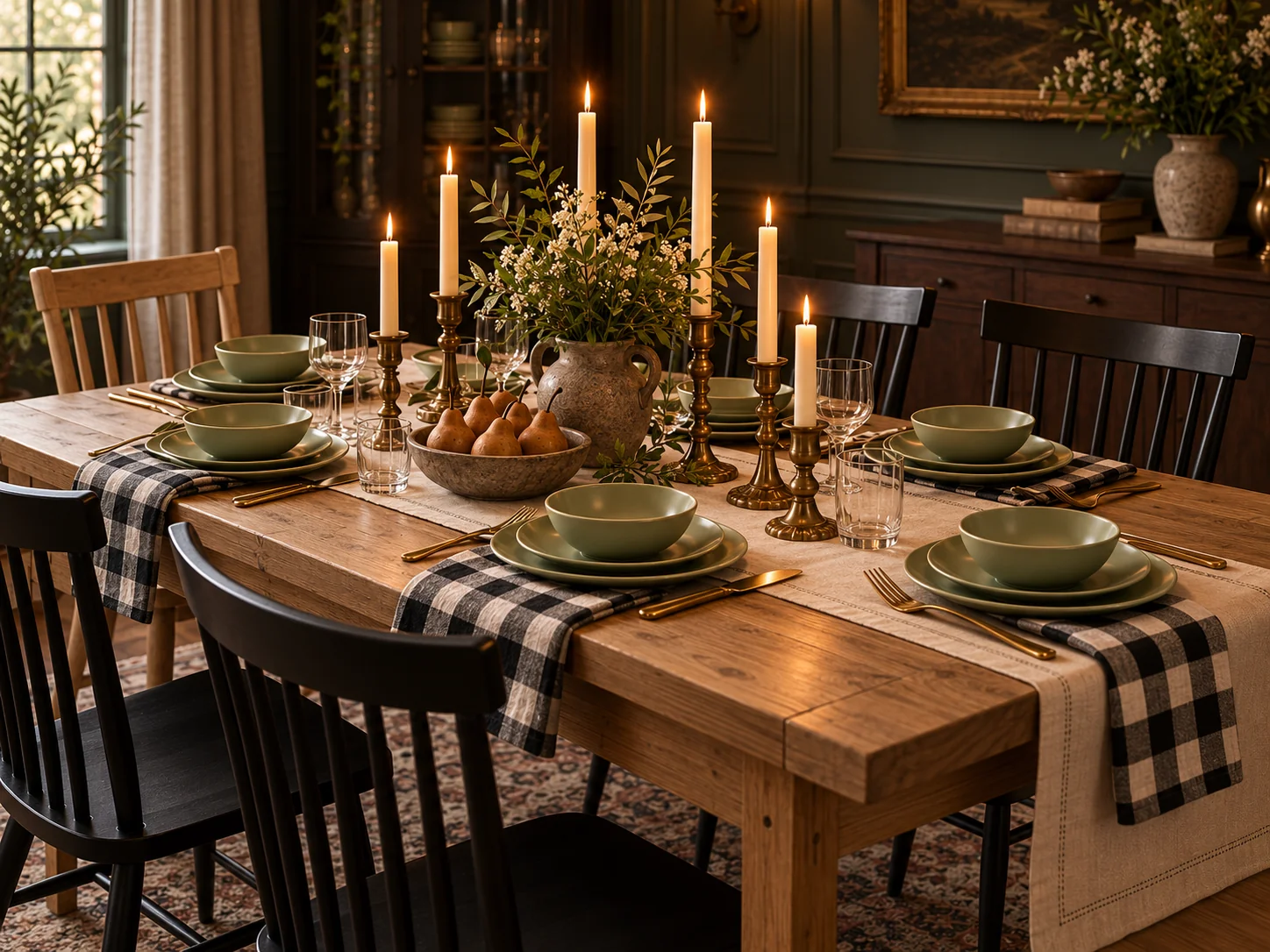 Close-up of antique-brass style candlesticks, sage tableware and classic dining chairs. AI-generated editorial visualization; not exact retailer product photography.