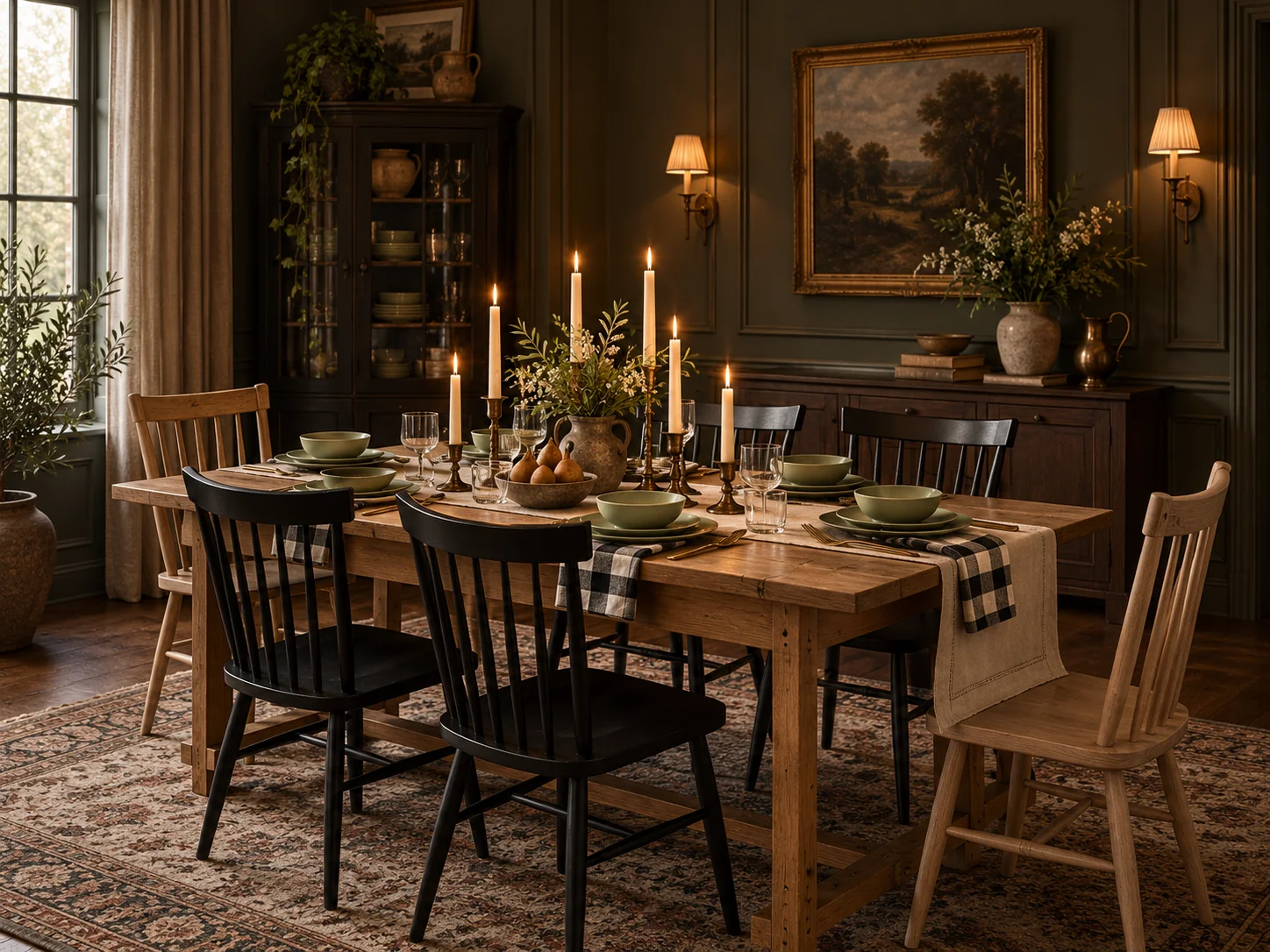 Moody classic dining room with a wooden table, black and natural wood spindle chairs, sage green tableware and brass candlesticks. AI-generated editorial visualization; not exact retailer product photography.