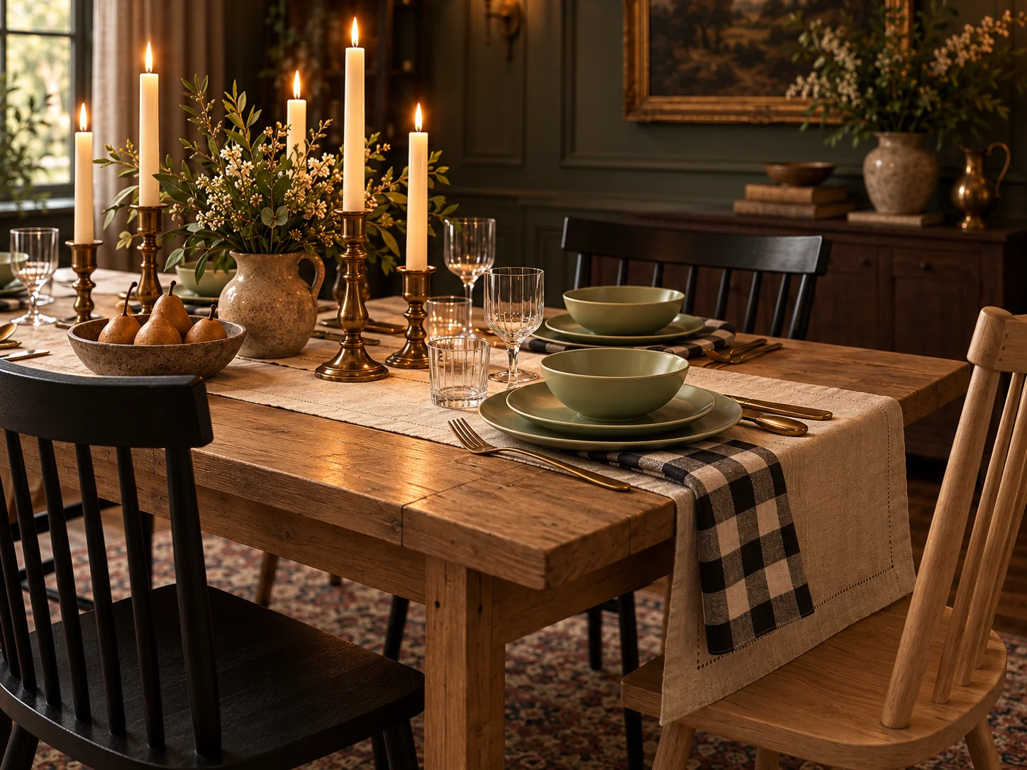 Dining table photographed from above at an angle, with classic mixed-finish chairs and layered place settings. AI-generated editorial visualization; not exact retailer product photography.