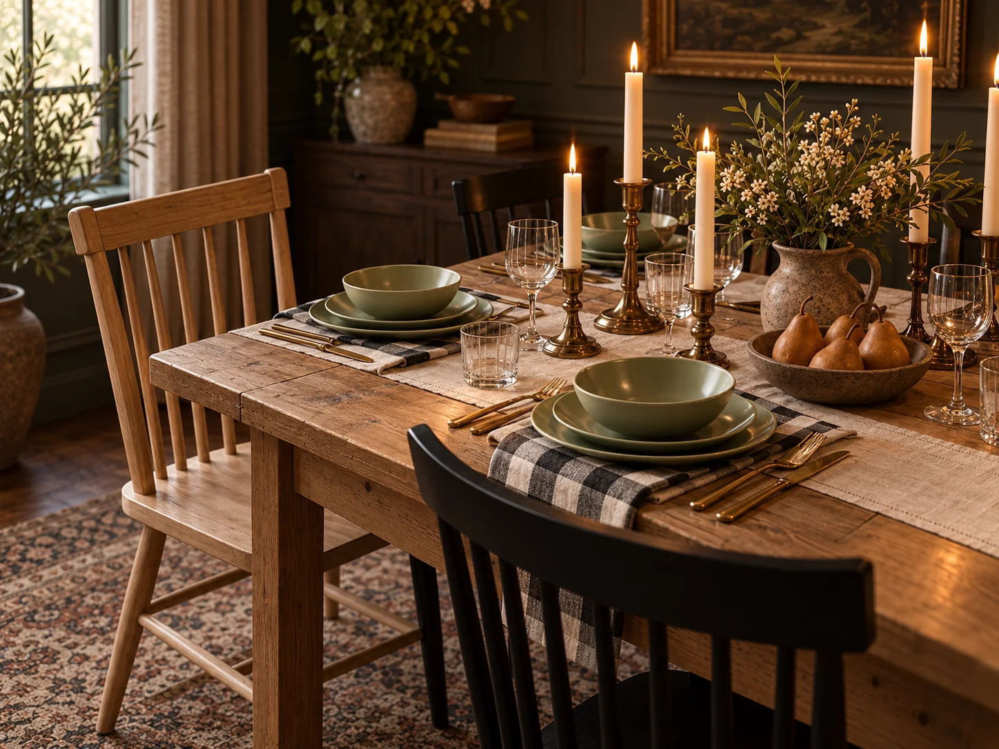 Detail of a natural wood chair and a black Windsor chair beside a table with folded textiles and brass accents. AI-generated editorial visualization; not exact retailer product photography.