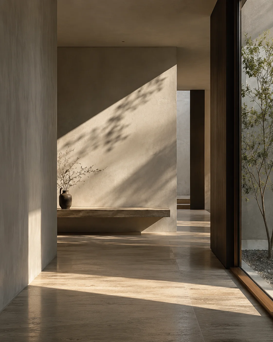 AI-created minimalist entry with sculptural plaster forms and diagonal sunlight.