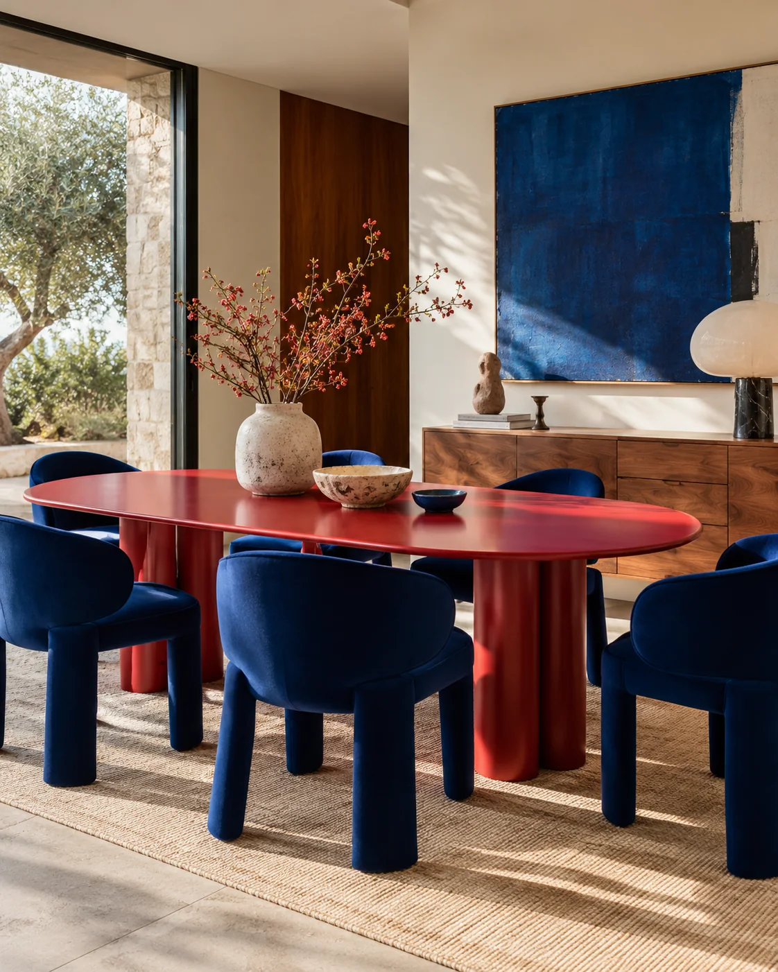 AI-created dining room with a red table and blue upholstered chairs.