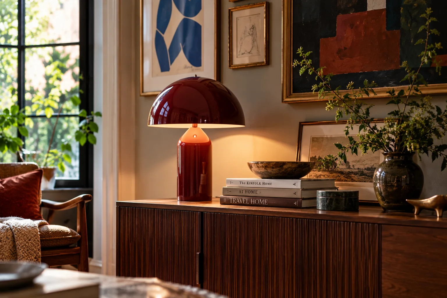 AI-created burgundy lamp vignette beside artwork on a timber cabinet.