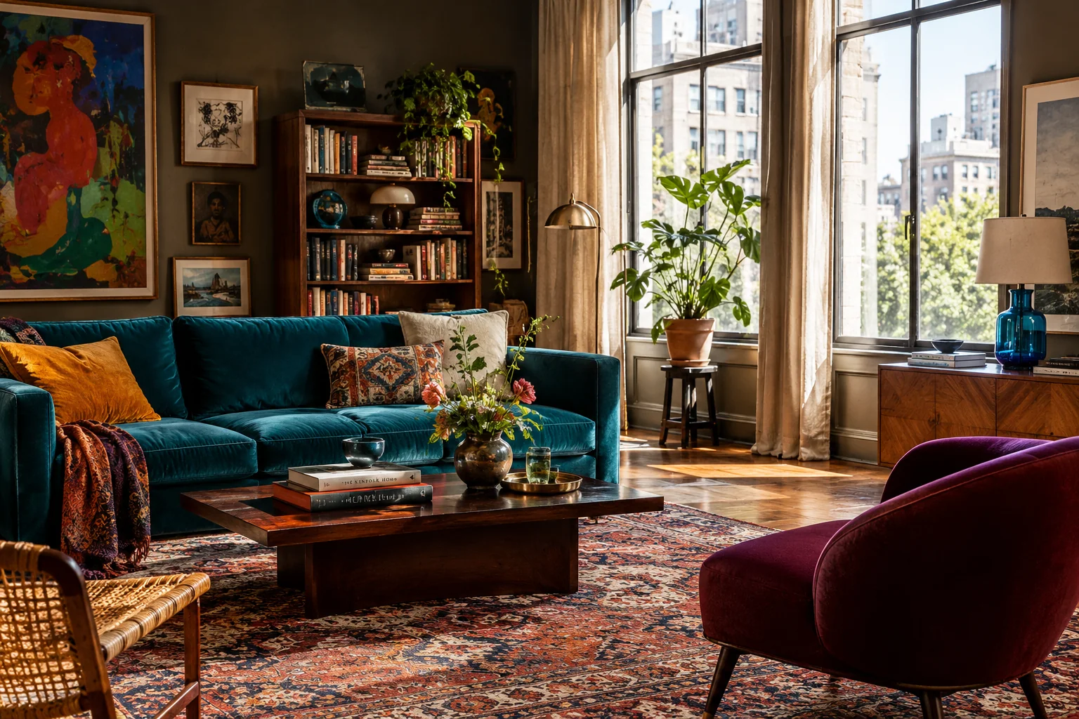 AI-created collected living room with a teal sofa, layered rugs and framed art.