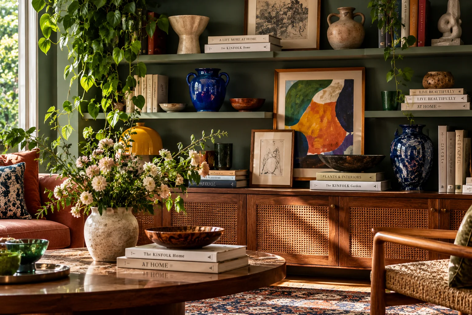 AI-created shelves of ceramics and art above a wood cabinet.