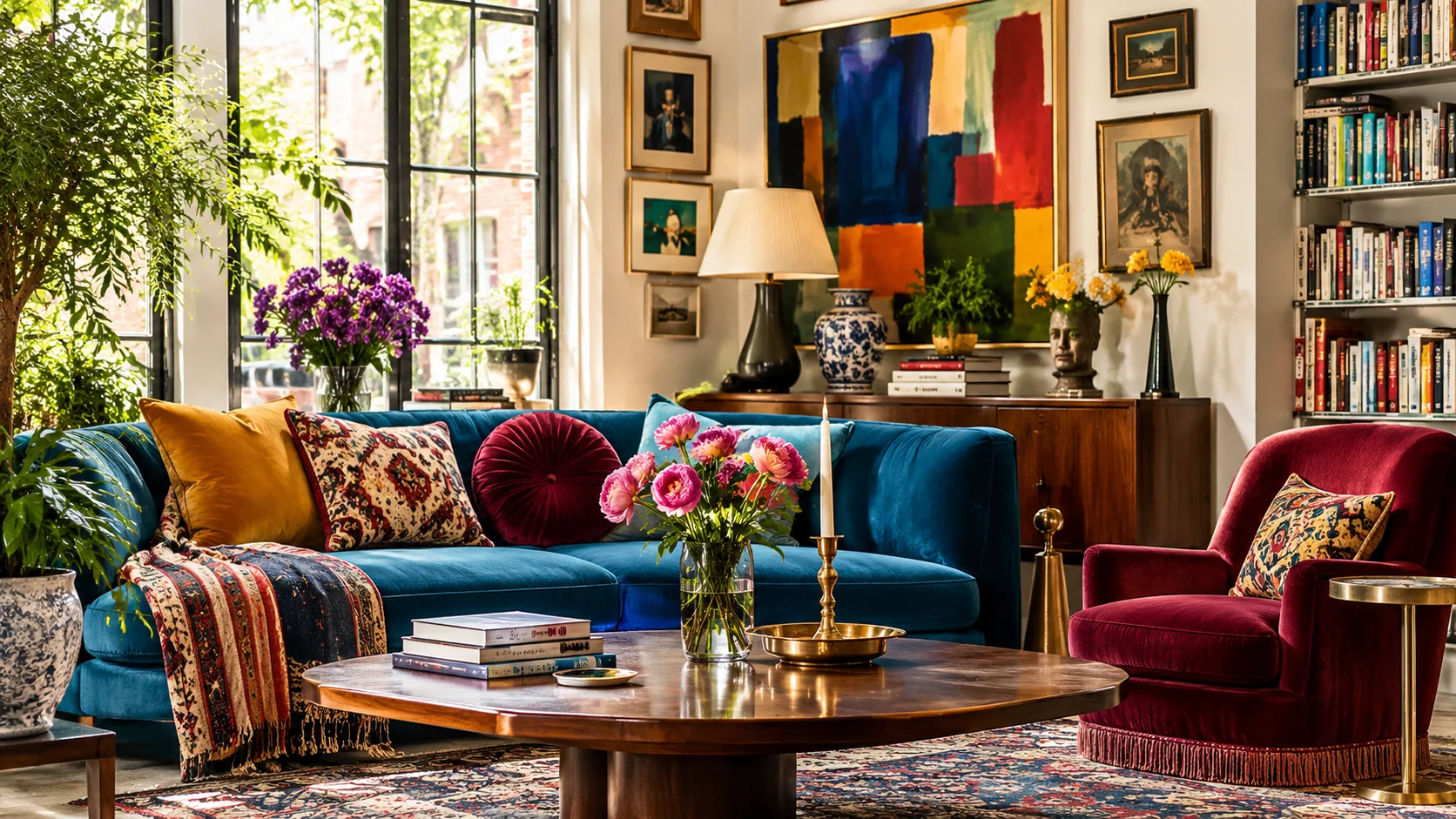 AI-created colorful living room with a teal sofa, patterned cushions and bold artwork.