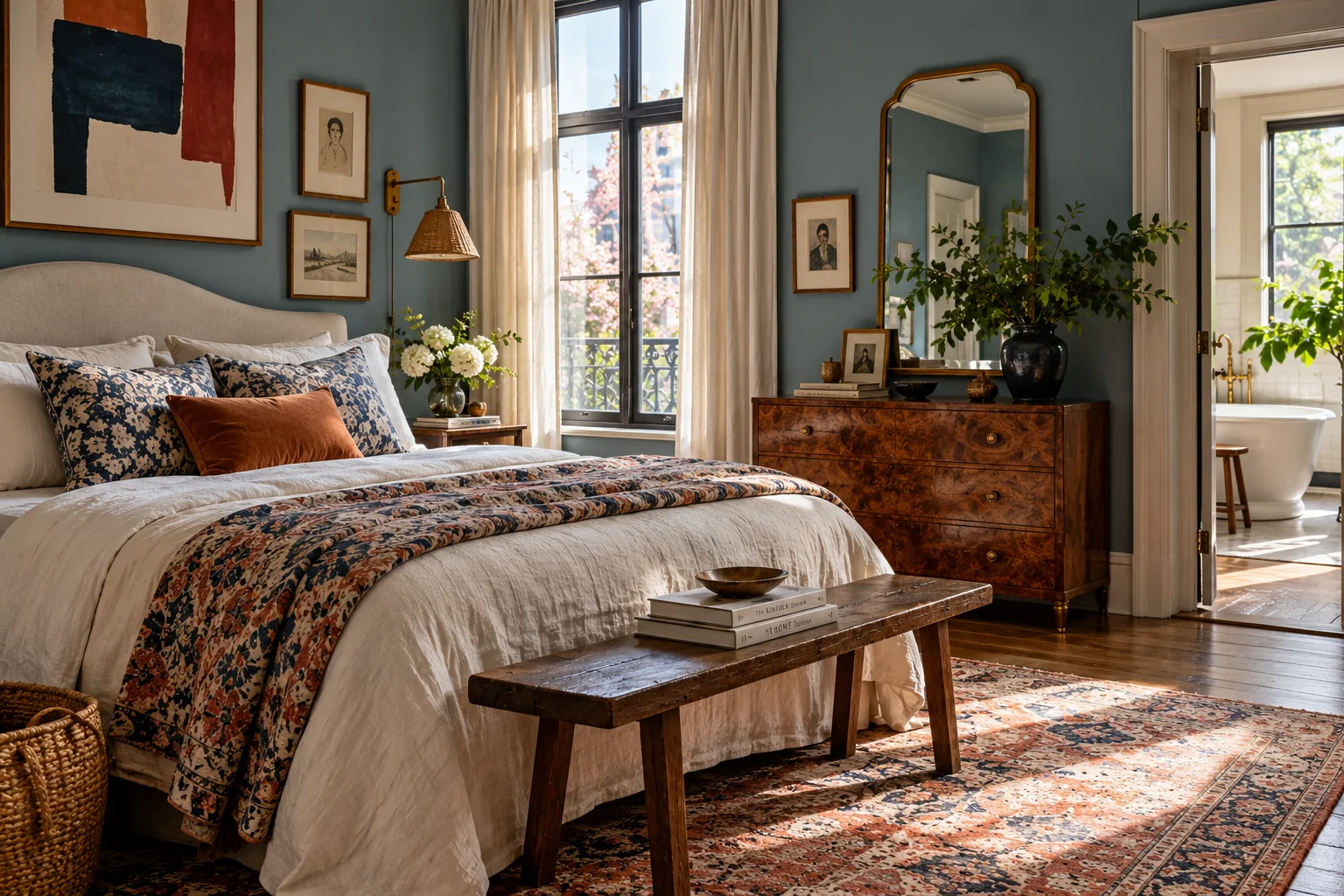AI-created bedroom with blue walls, patterned bedding and a timber bench.