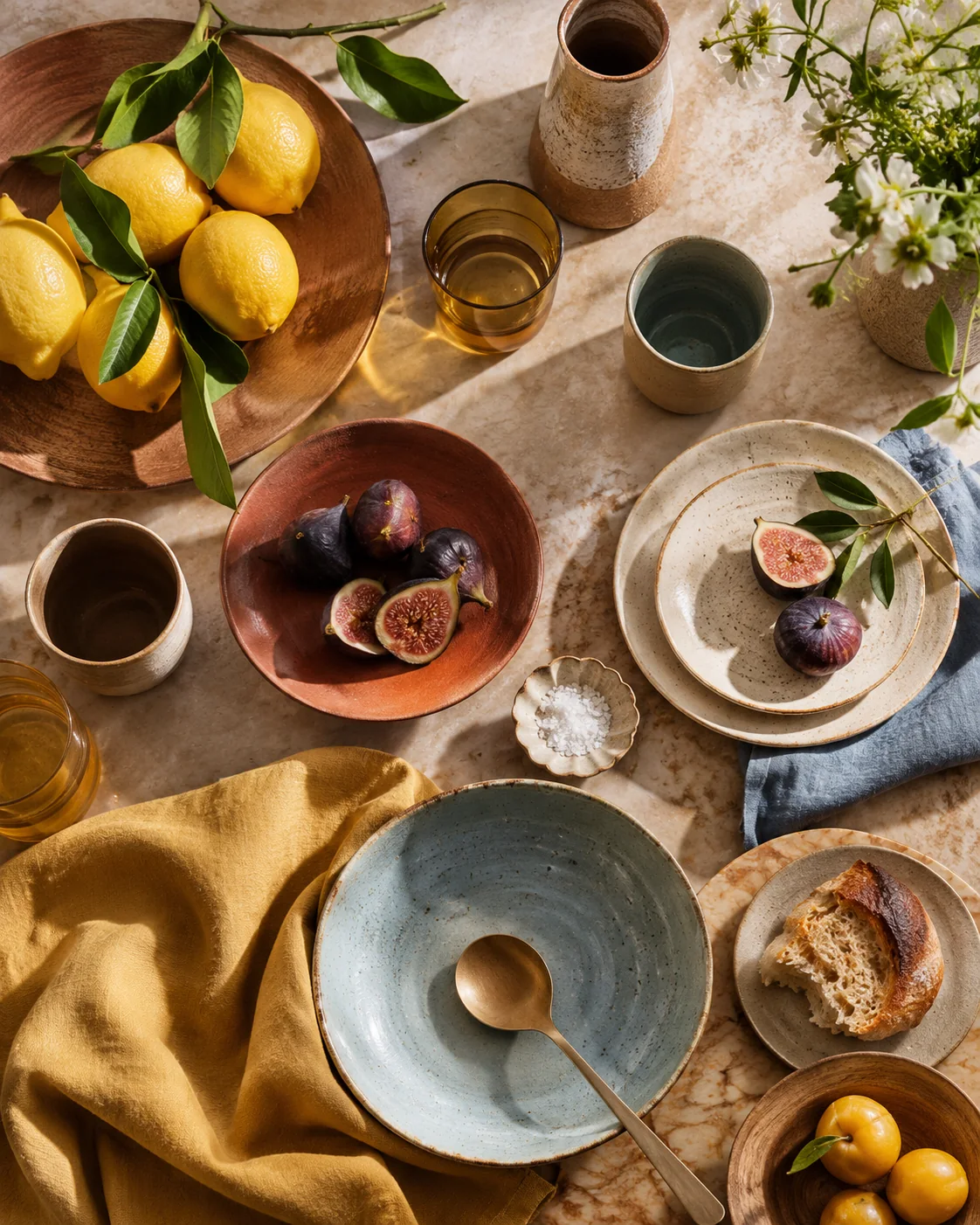 AI-created overhead arrangement of ceramic dishes, figs and lemons.
