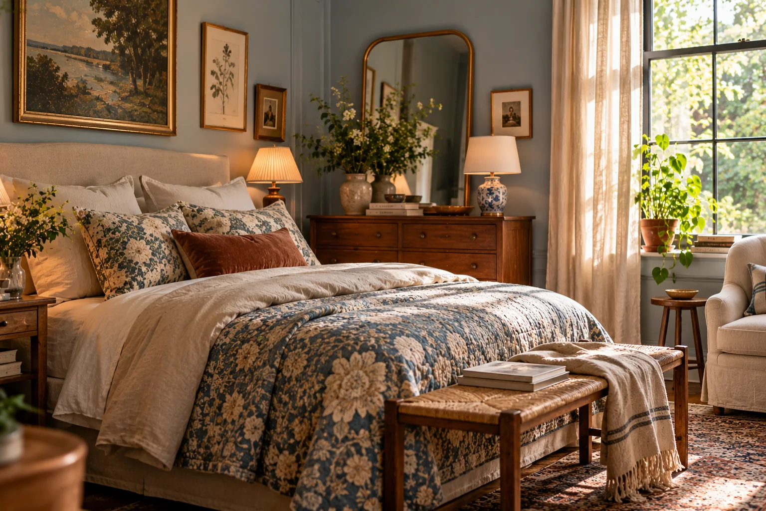 AI-created bedroom with botanical bedding and warm wood furniture.