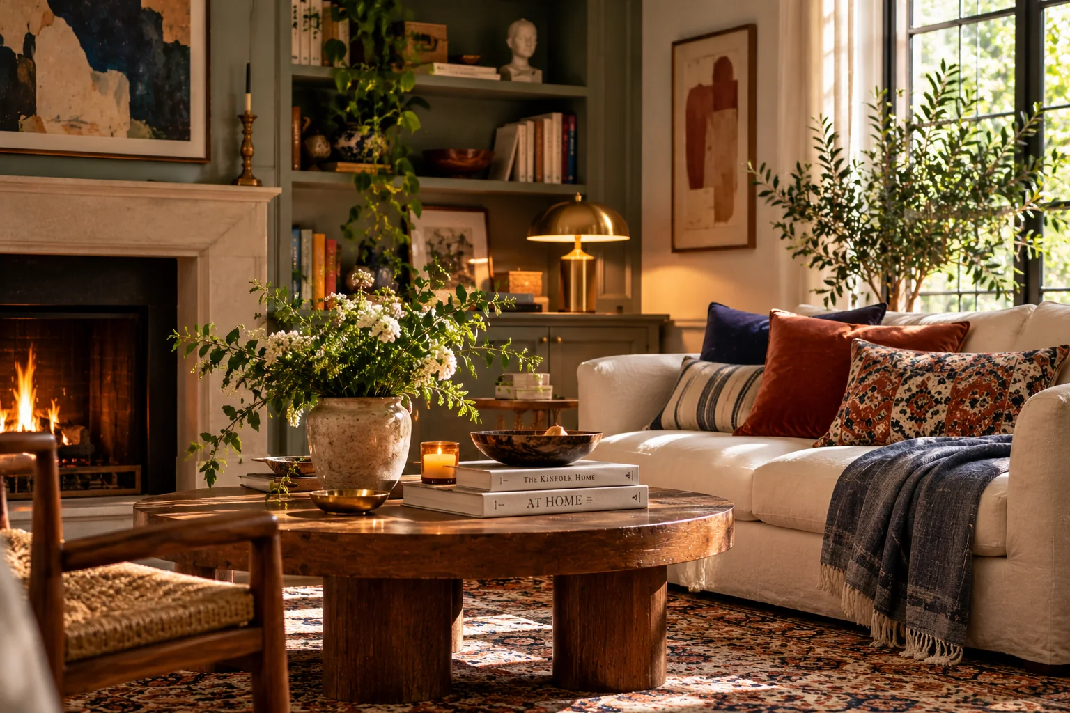 AI-created living-room illustration with warm lamps, a fireplace and layered seating.