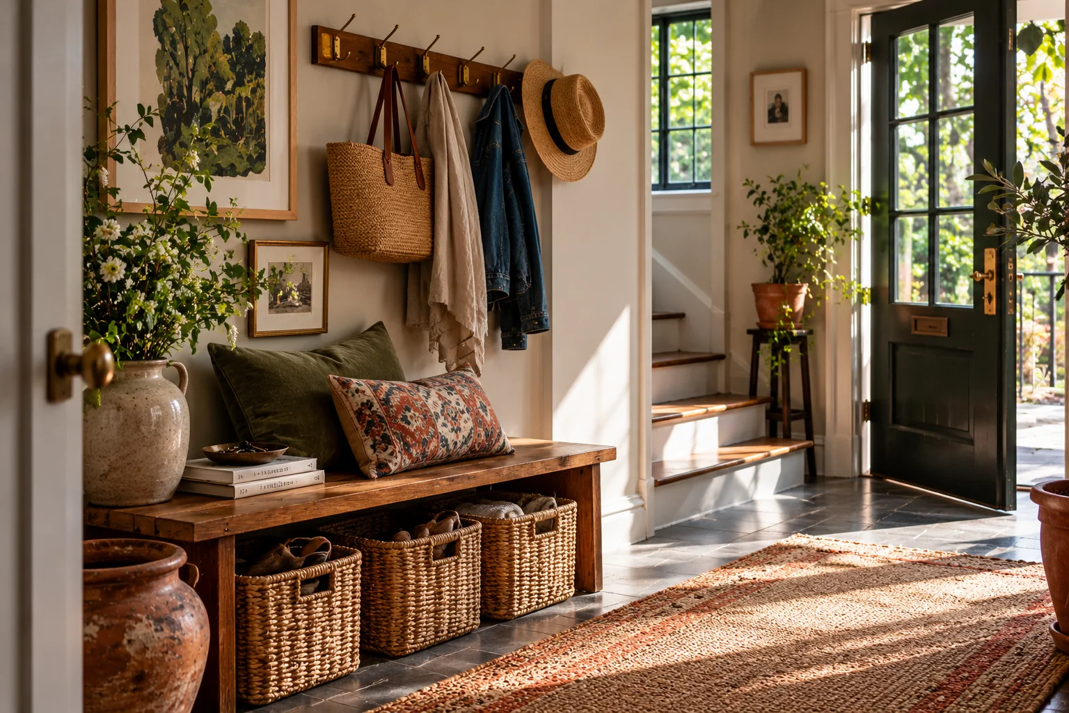AI-created entryway with woven baskets under a bench and coats on wall hooks.