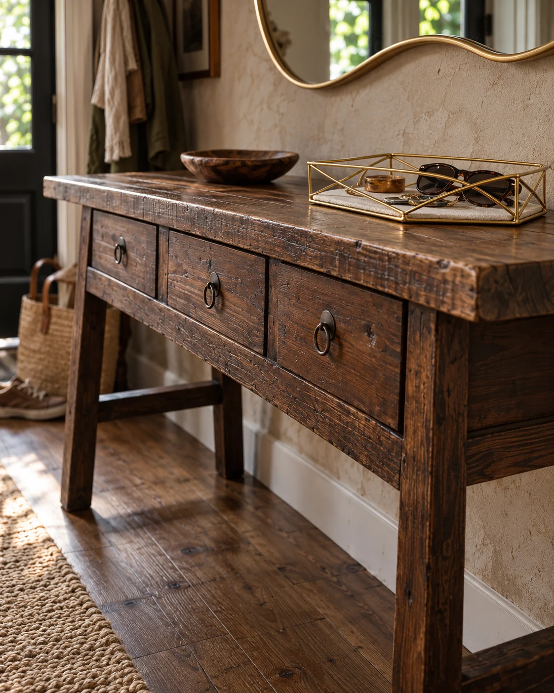 Close view of the aged wooden console's three drawers, metal ring pulls and weathered grain. AI-generated editorial illustration; not exact product photography.