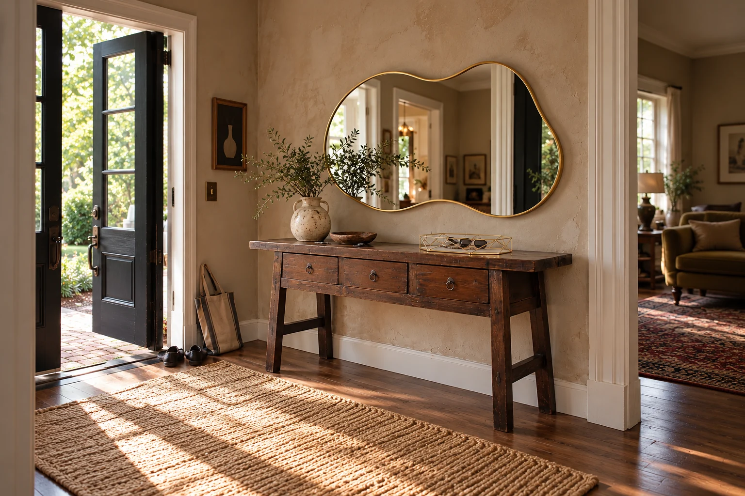 A worn three-drawer wooden entryway console beneath an irregular gold mirror, with a brass tray and everyday belongings by the front door. AI-generated editorial illustration; not exact product photography.