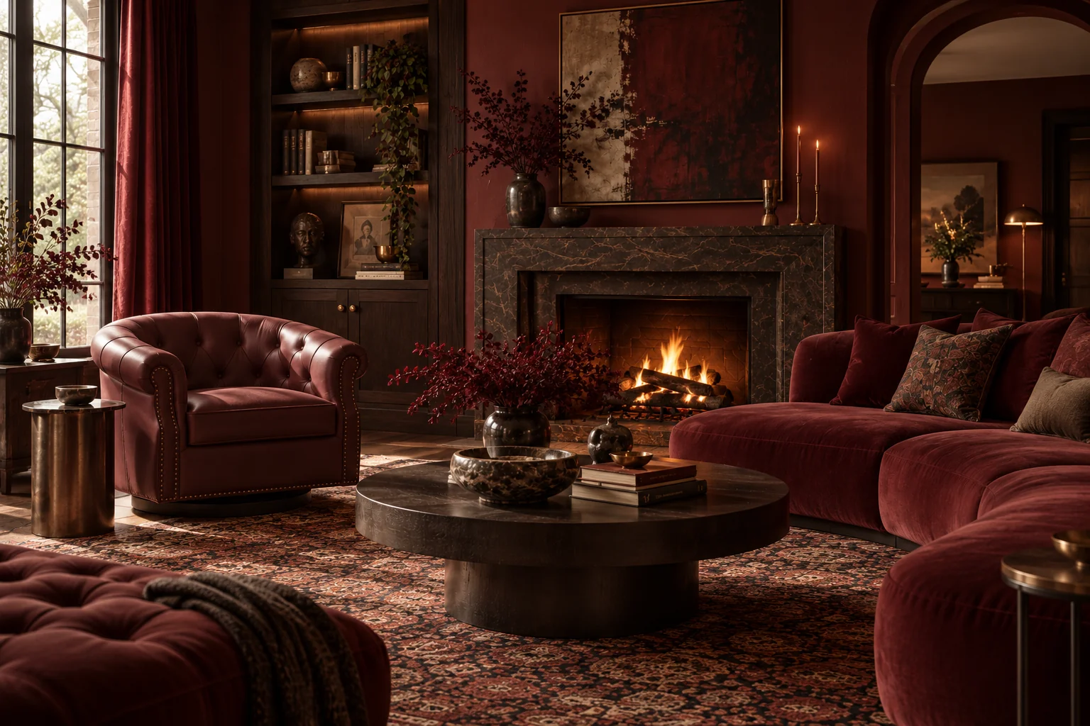 Oxblood living room with burgundy swivel chair, red sofa, dark stone fireplace, and layered textiles. AI-generated editorial concept; not exact retailer product photography.