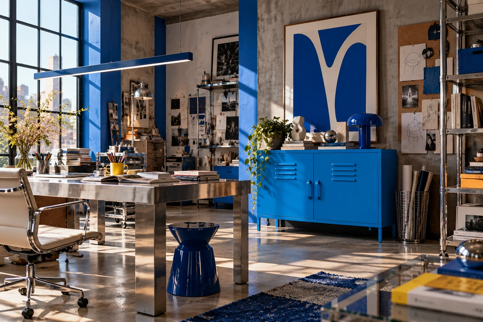 Electric-blue creative studio with bright blue metal storage cabinet and stainless-steel worktable. AI-generated editorial concept; not exact retailer product photography.