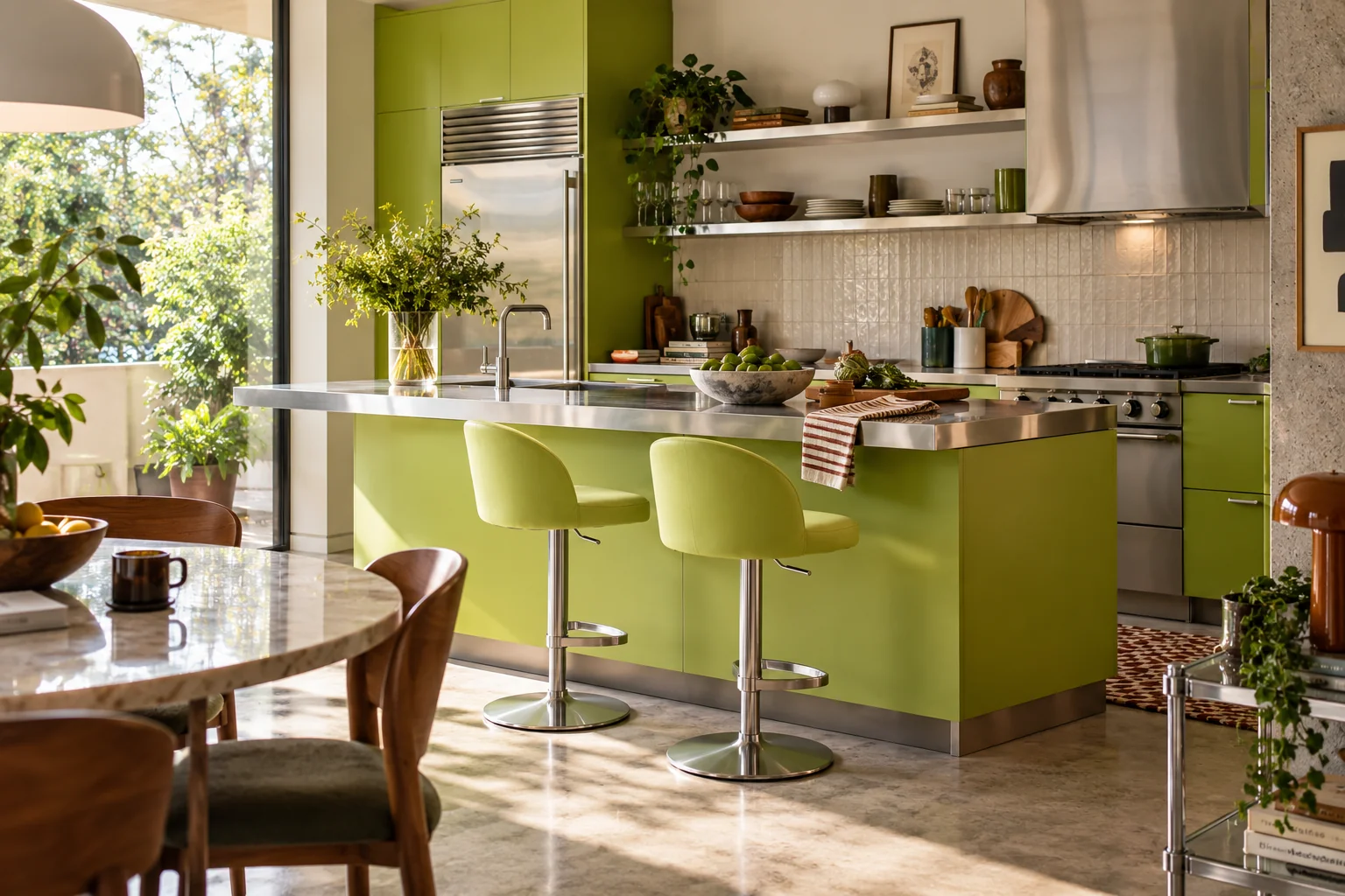 Acid-green contemporary kitchen with stainless island and two lime-green pedestal stools. AI-generated editorial concept; not exact retailer product photography.