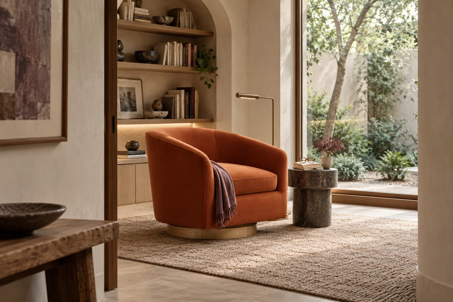 Quiet modern reading alcove with persimmon velvet swivel chair beside garden window. AI-generated editorial concept; not exact retailer product photography.