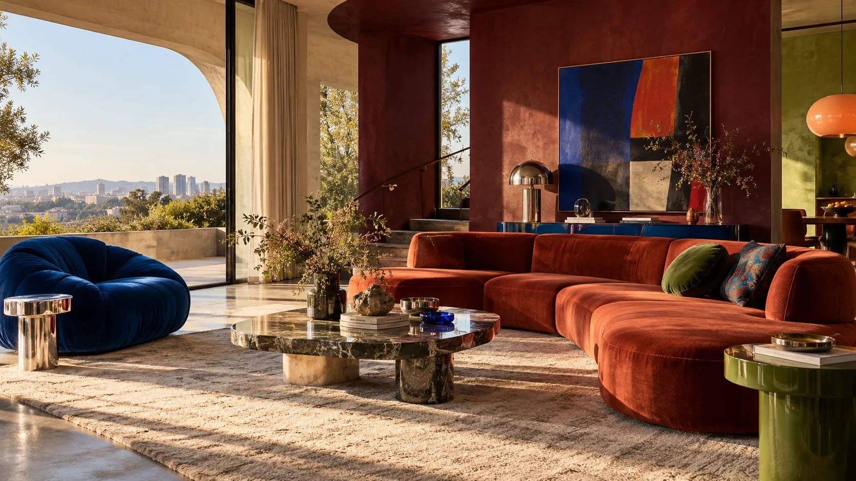 Colorful contemporary living room with terracotta sofa, blue lounge chair, and sculptural furnishings. AI-generated editorial concept; not exact retailer product photography.
