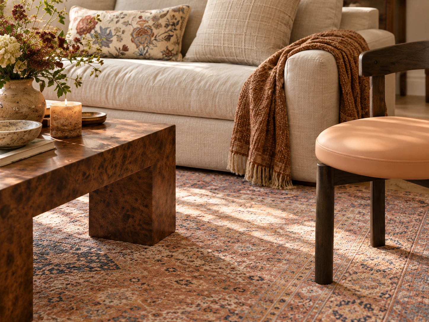 Conceptual detail of the dark wood chair, peach seat, patterned rug and burlwood-look table.