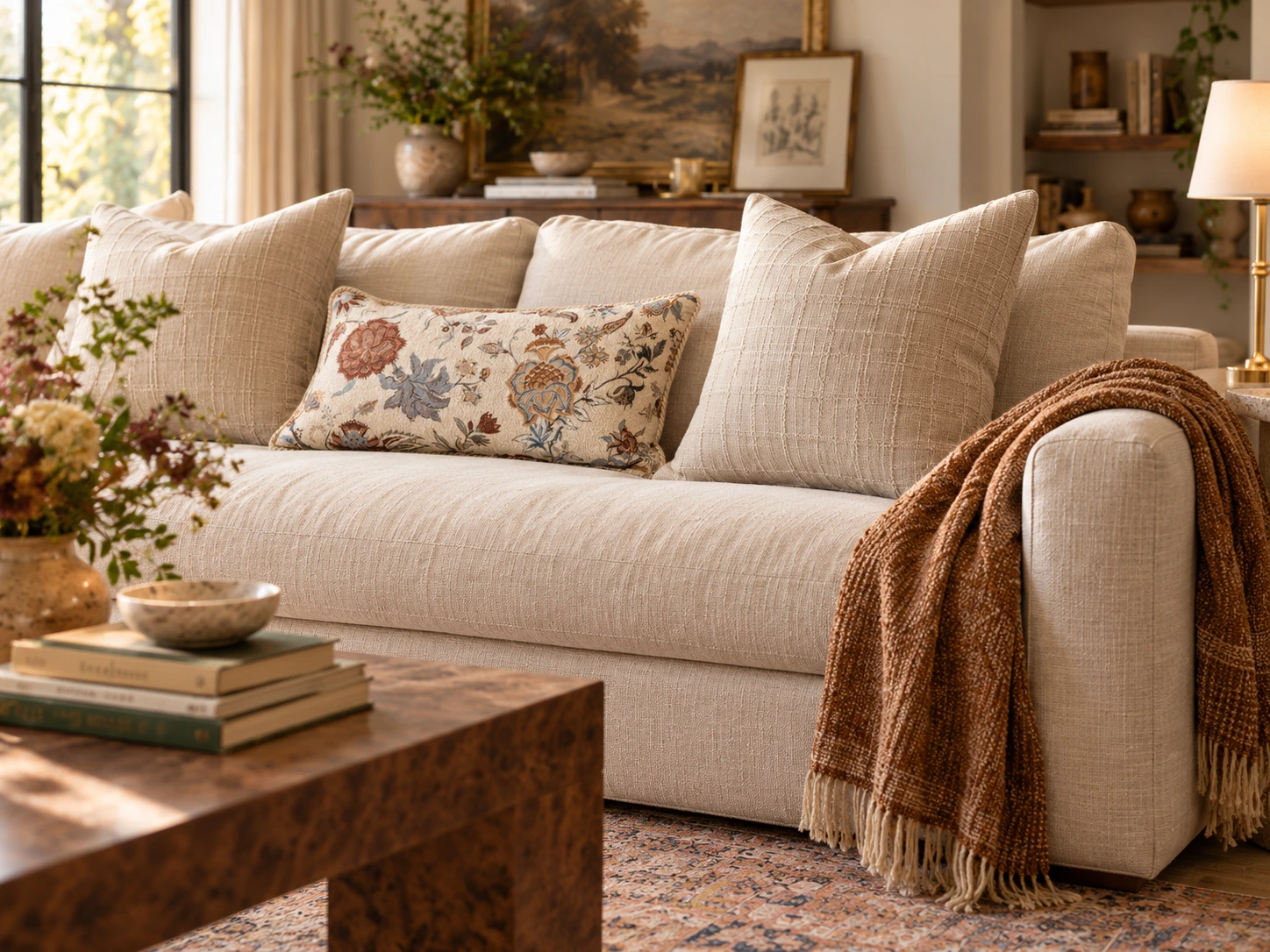 Conceptual detail of floral and checked cushions against a quiet cream sofa.