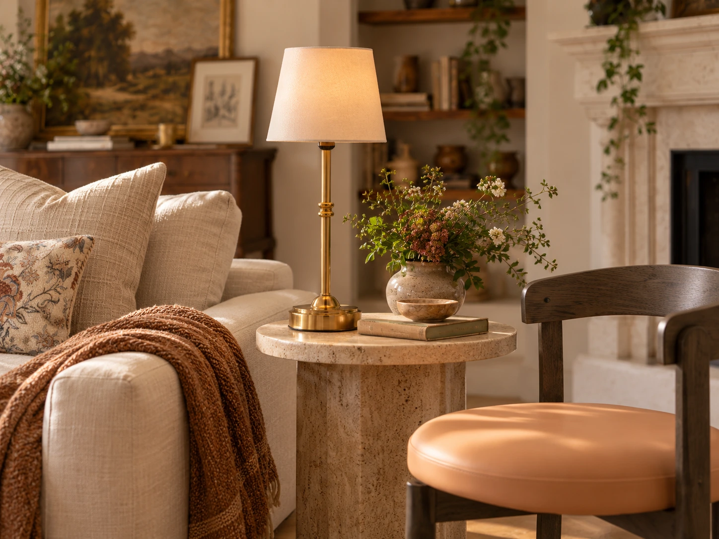 Conceptual detail of the traditional lamp and contrasting wood chair.