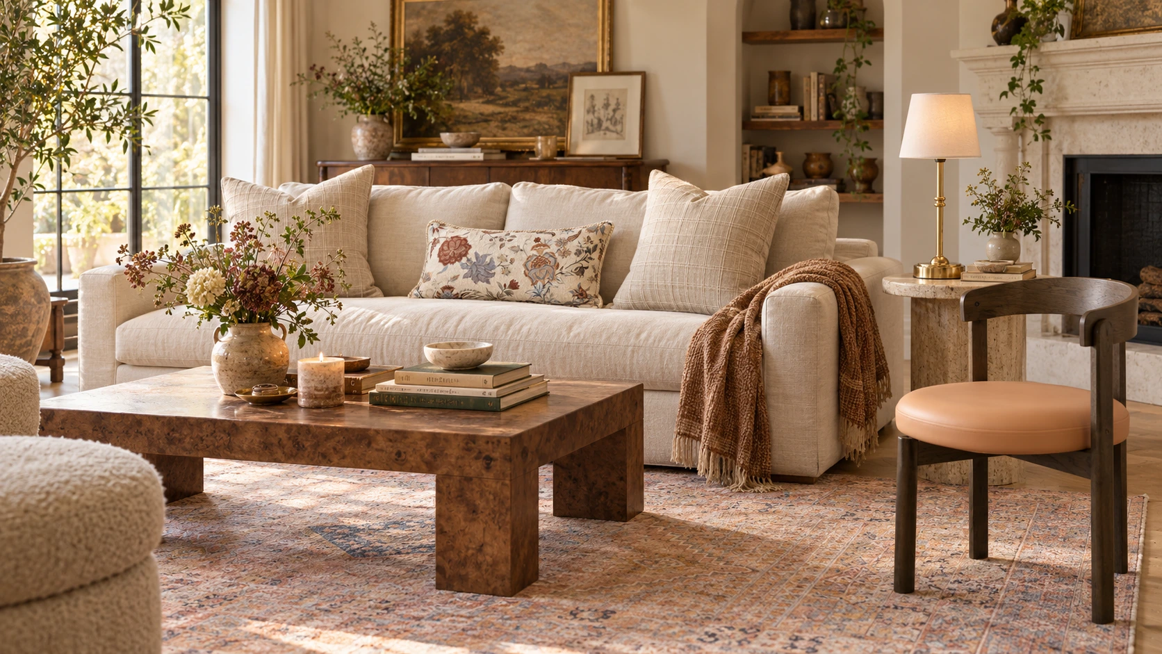Conceptual Collected Eclectic living room with a cream sofa, checked and floral cushions, a brass-toned lamp, dark wood chair and patterned rug.