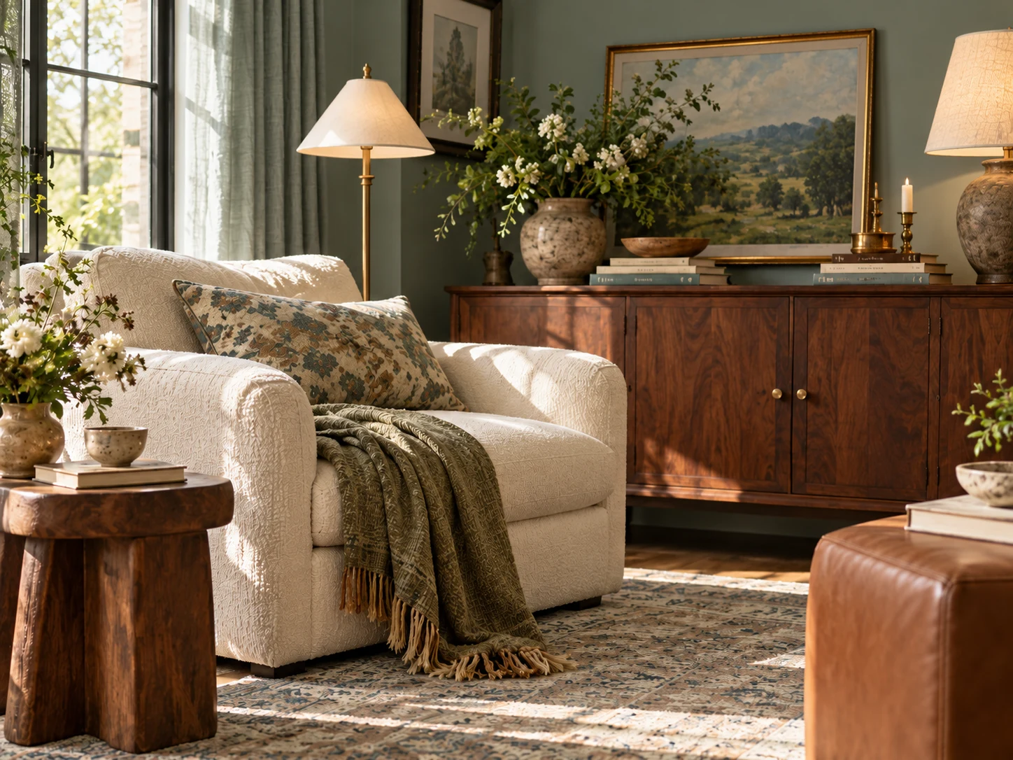 Sunlit sage-green reading nook with a cream armchair, floral cushion, olive throw, warm wood cabinet and layered lighting.